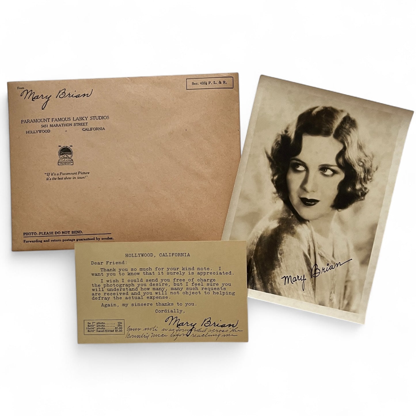 Mary Brian Paramount Famous Lansky Studio Autograph Picture & Card / Fan Mail