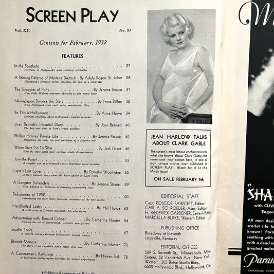 Screen Play Magazine Dolores Del Rio Cover Joan Crawford Hollywood February 1932